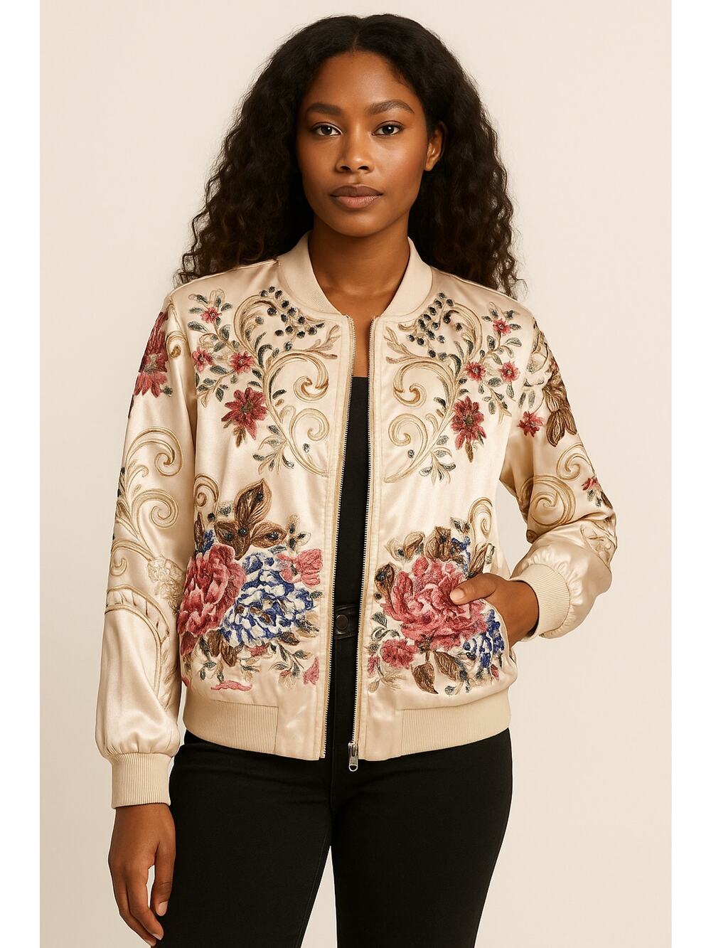 OO LALA Satin Floral Embroidered Bomber Jacket Beaded Medium Statement